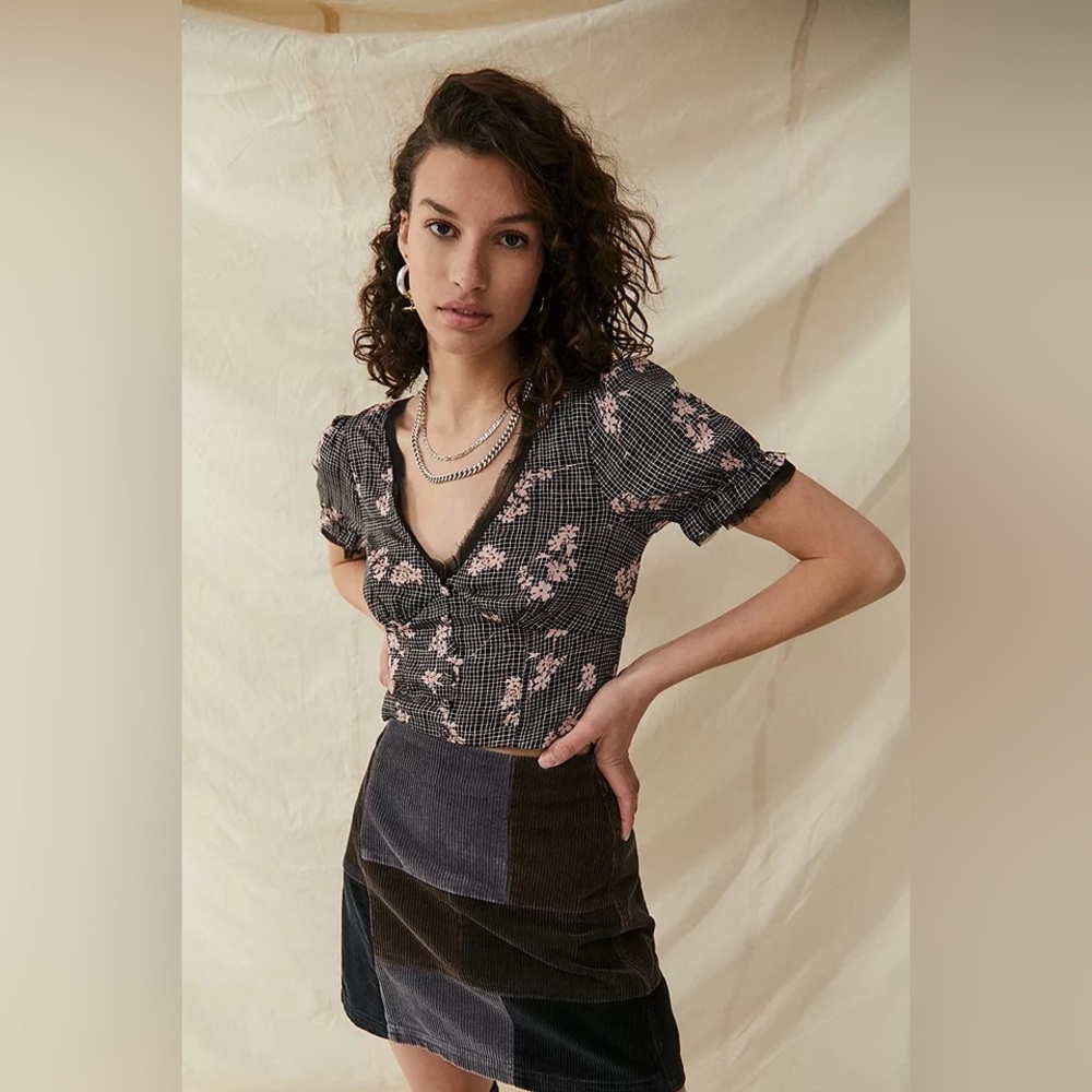 Urban Outfitters Hazel Grid and Cherry Blossom Button Up Blouse